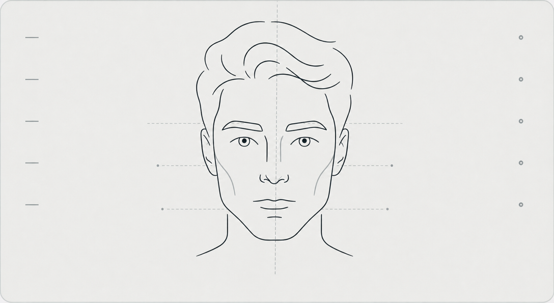 Minimal facial measurement diagram showing front-facing contours and alignment guides
